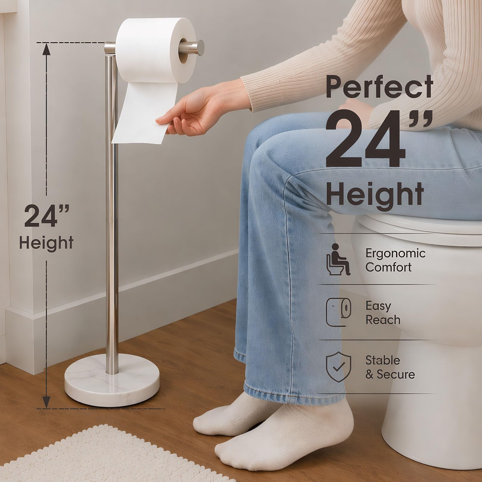 Songtec Toilet Paper Holder Stand, Free Standing Tissue Roll Holder, Heavy Natural Marble Base, Sturdy for 5 Toilet Paper Rolls (Marble Base, Brushed Nickel) — Amazon image 4