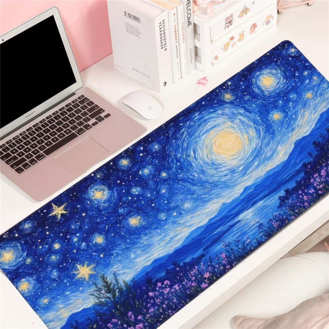 Alfombrilla de ratón 1400x600x3 MM, Alfombrilla Ratón XXL Extendida de Gran Tamaño con Bordes Cosidos, Base de Goma Antideslizante Almohadilla para Teclado, Lavanda de Las Estrellas S-11921