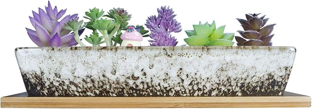 ARTKETTY 25cm Ceramic Succulent Plant Pots, Modern Long Rectangle Flower Plant Containers with Bamboo Trays, Shallow Cactus Bonsai Window Box with Drainage for Indoor/Outdoor Home Decor(White)