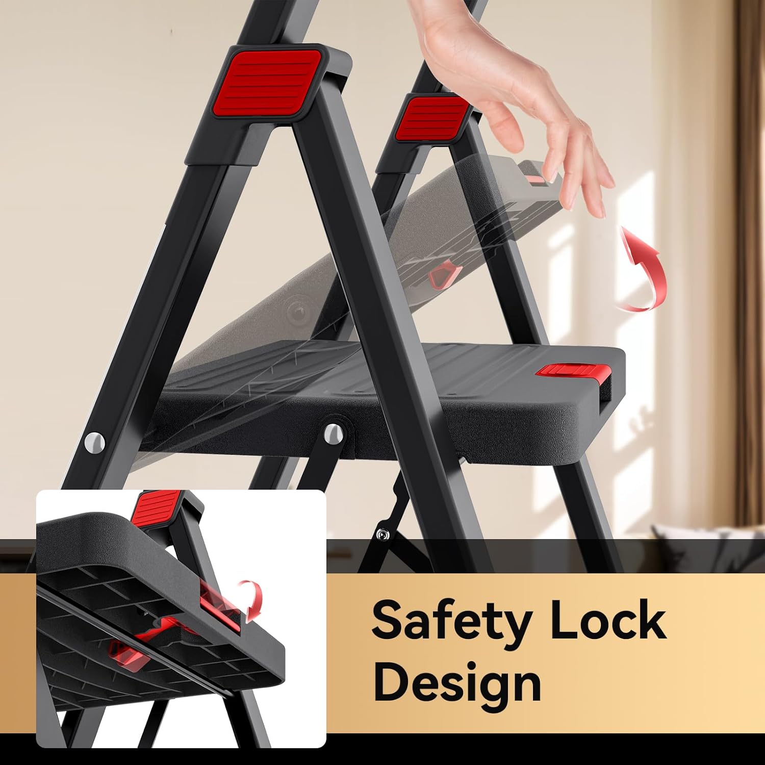 4 Step Ladder with Tool Tray, Folding Step Stool with Aluminum Non-Slip Pedals, Sturdy 800LBS Ladder for Adult, Portable Lightweight Ladders for Home, Kitchen, Garage