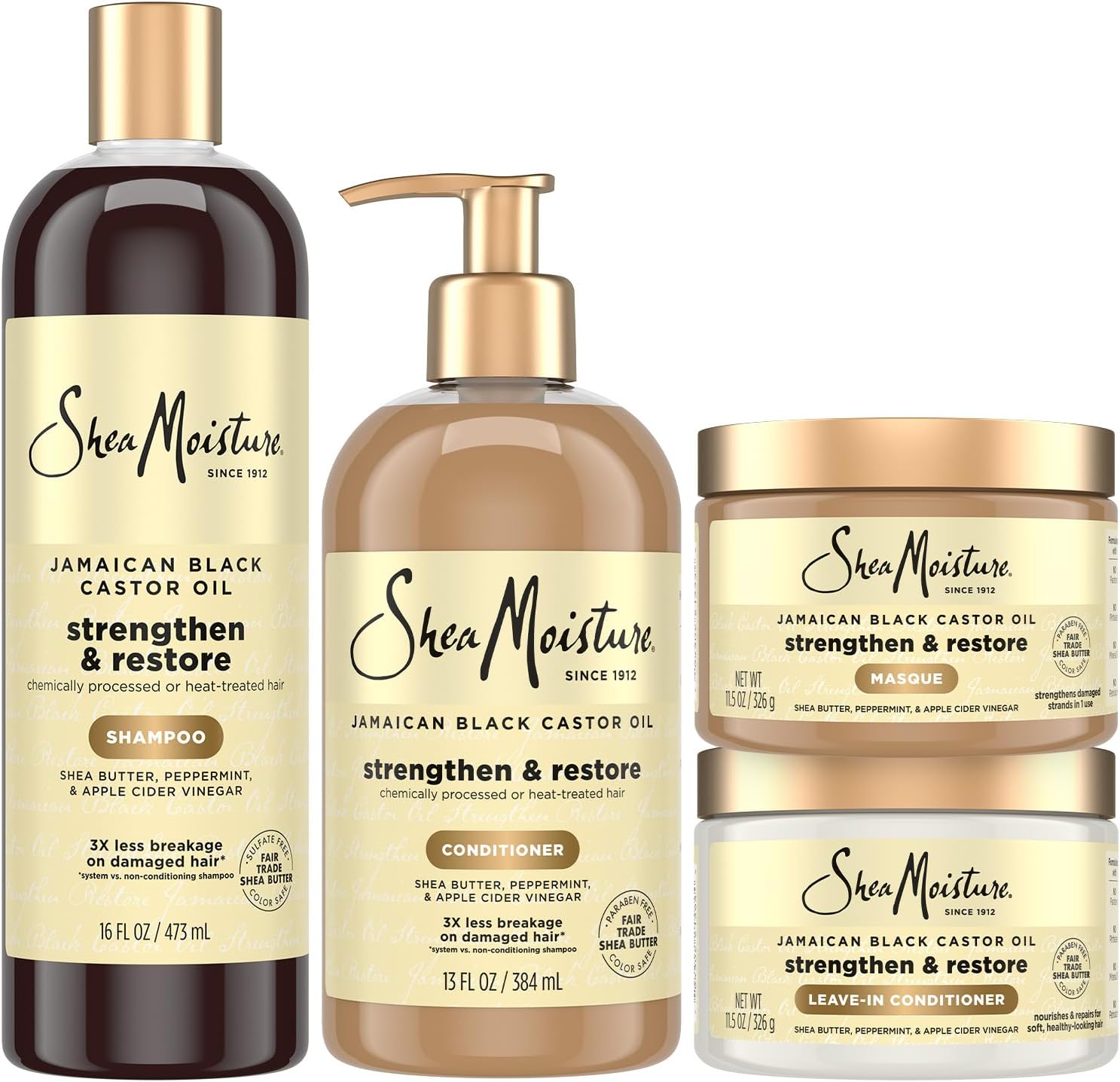 SheaMoisture Jamaican Black Castor Oil Strengthen & Restore Hair Repair Shampoo, Conditioner, Masque + Leave-In Conditioner Bundle