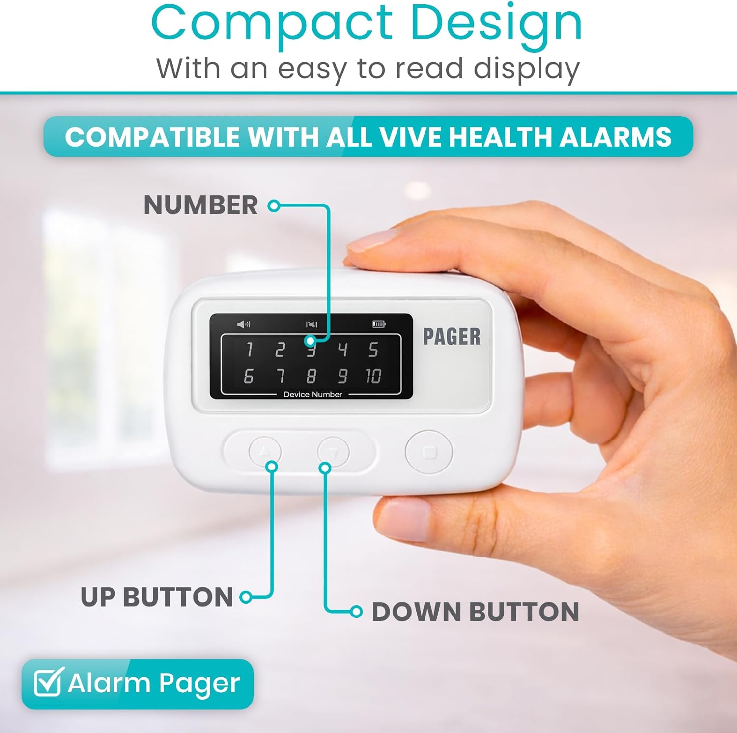 Vive Wireless Caregiver Pager - Nurse Alert for Dementia Patients - Smart Portable Medical System for Caretaker - Connects to Call Button, Door, Window, Bed, Chair, Floor Alarm Pads