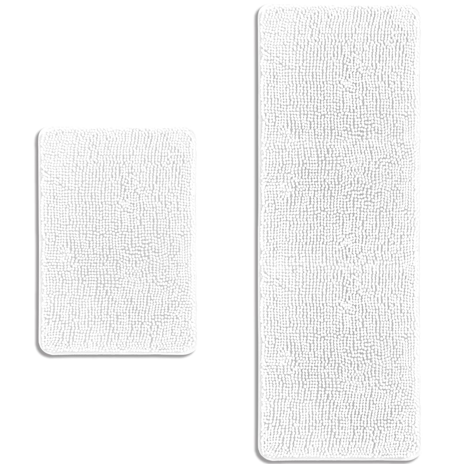 PureSwan Bathroom Rugs Sets 2 Piece – Absorbent and Washable Bath Mat, Non-Slip, Thick Soft Chenille Bath Rugs for Bathroom Floor, Shower, Sink(17" x 24"+17" x 47", White) — image 1