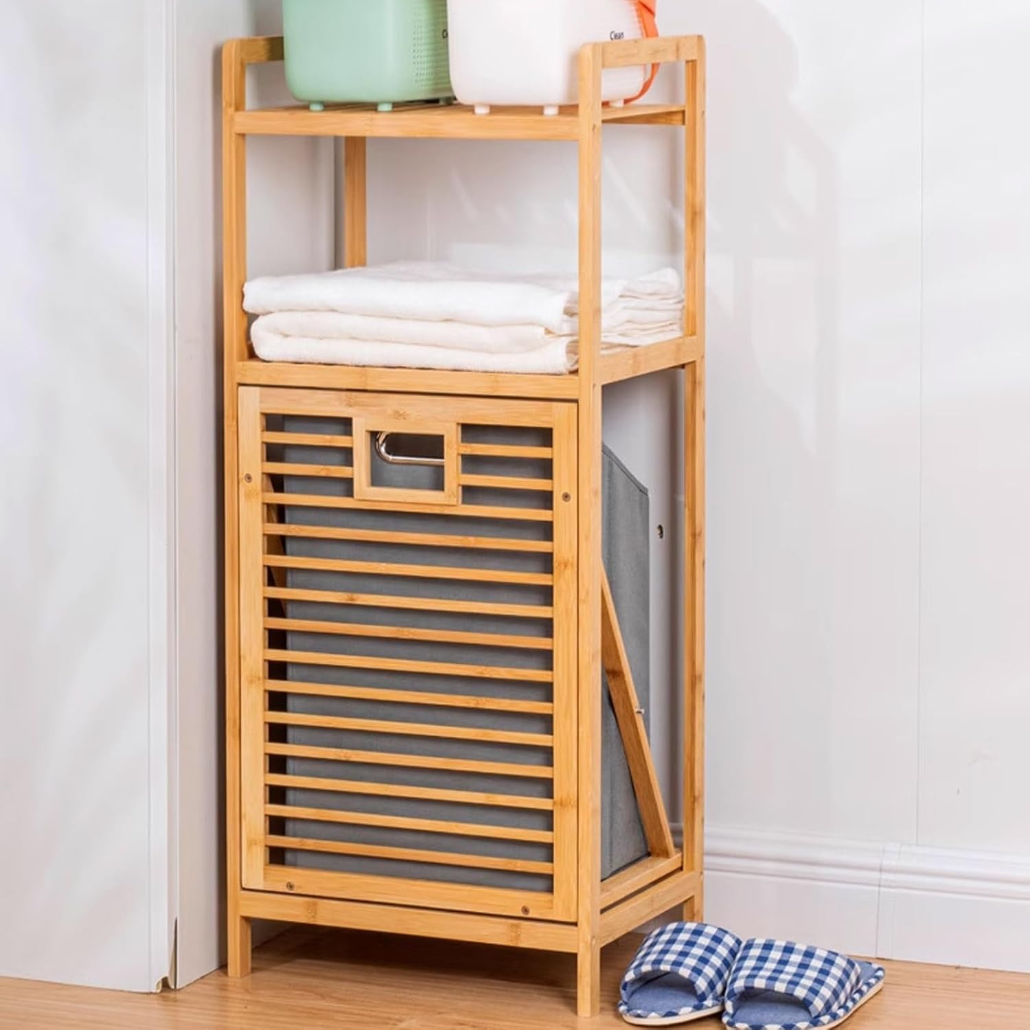3-Tier Laundry Basket Organizer Bamboo Hamper with Removable Bags 15.7x11.8x37.4in Tilt Out Laundry Hamper with Shelf Laundrysorter Basket Organizer for Bathroom(White)