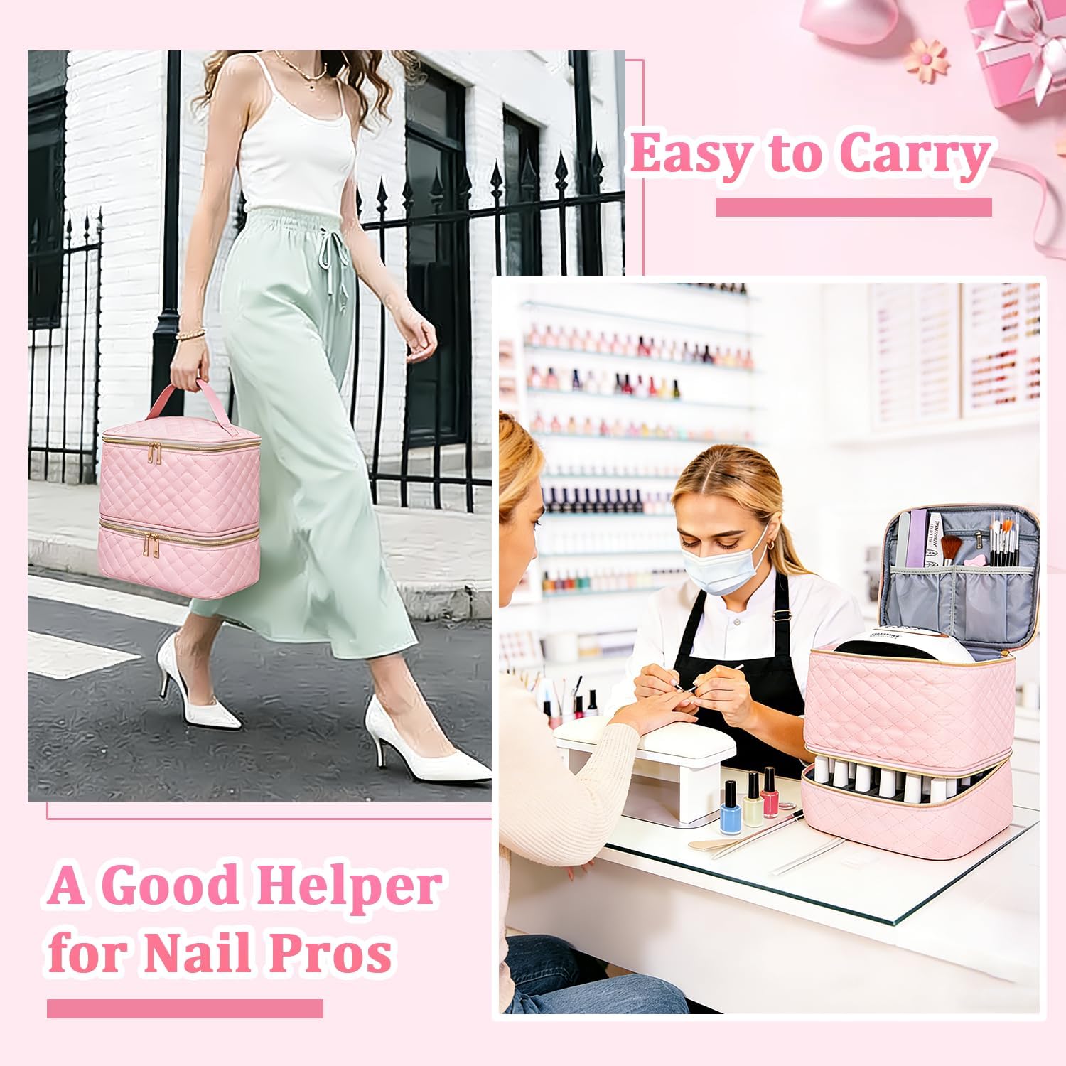 JEWHITENY Nail Polish Organizer Bag Holds 30 Bottles & Nail Lamp,Double-Layer Nail Polish Storage Bag with Adjustable Dividers,Portable Nail Kit Bag For Nail Stuff & Manicure Tools (Pink)