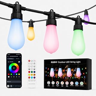 Outdoor String Lights for Patio,50FT RGBW App Remote,20 Bulbs | RGBW warm white lights with app and remote,Timer,Music sync,IP65 waterproof bulbs for patio,Backyard,BBQ