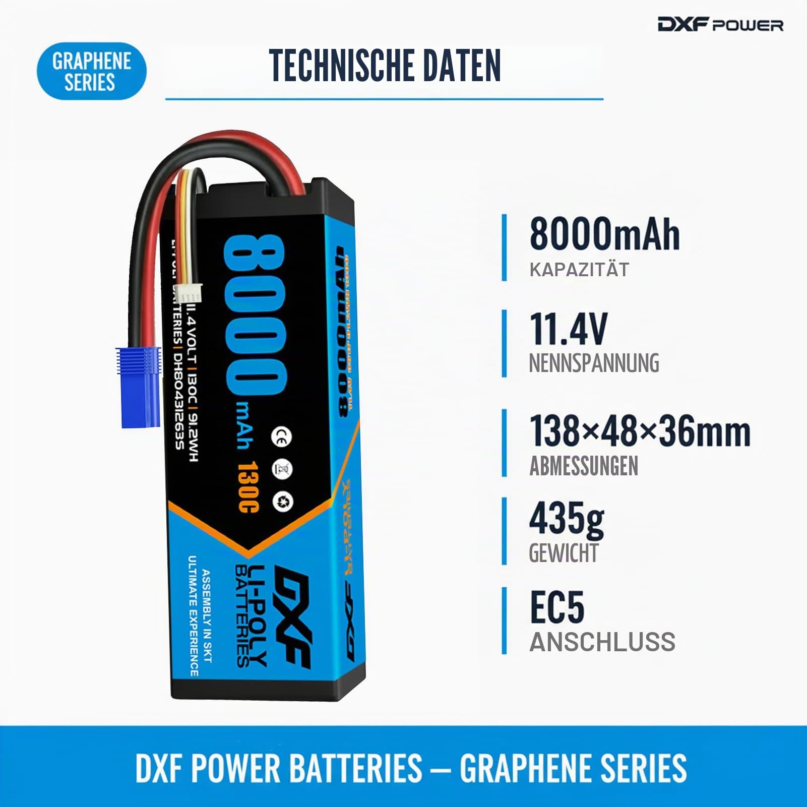 DXF 3S HV LiPo Akku 11.4V 8000mAh 130C 2 Pack mit EC5 Stecker Battery Pack für 1:8 1:10 RC Auto Truck Buggy Fahrzeuge Racing Offroad Modellbau Hochleistung Langlebig Leistungsstark Zuverlässig