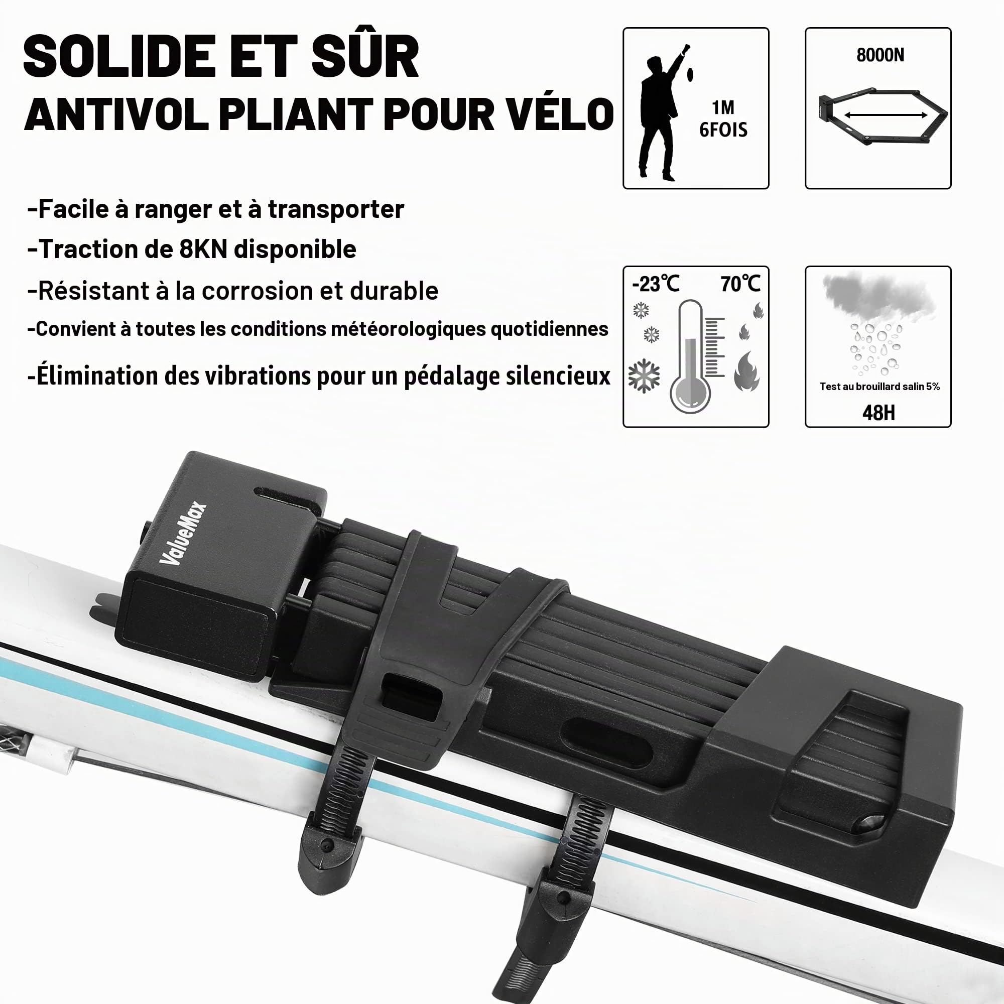 ValueMax Antivol Vélo Pliant, Serrure de Vélo Pliant Robuste | Extra Long 100cm, 6 Branches avec 2 Clés et Support de Montage pour Vélo/Moto/Scooter/Porte Pliable