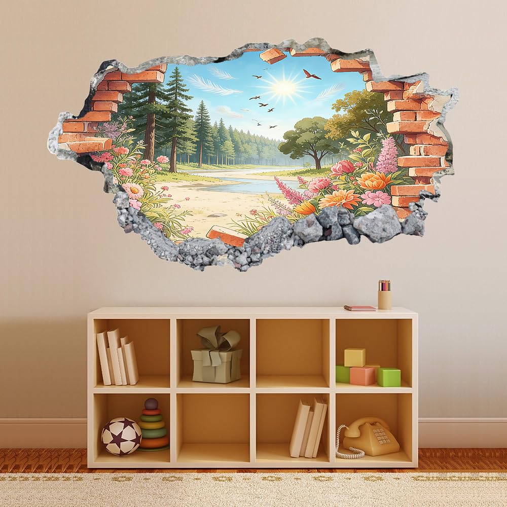 3D Wandtattoo Durchbruch Wanddeko Waldvogel Sonnenschein Wanddurchbruch sticker Wandbild Wandsticker Frühlingshafte Naturlandschaft Wohnzimmer Wanddeko Wandaufkleber für Kinderzimmer Teenager Zimmer