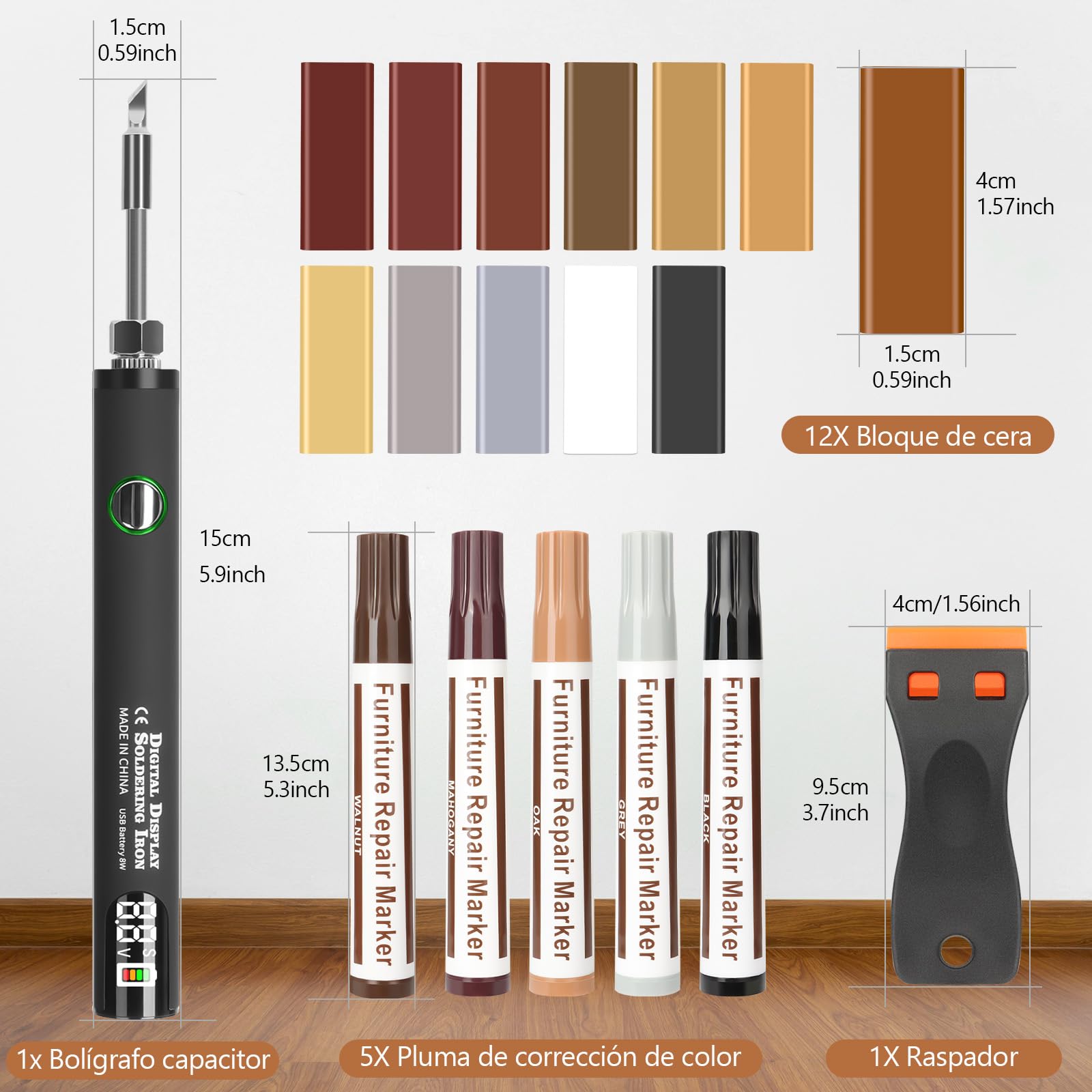 Herenear Kit de Reparación de Laminado, 22 Piezas Kit de Reparación de Madera Masilla, 12 Colores Cera Reparación Madera, Reparación Grietas, Arañazos, Agujeros