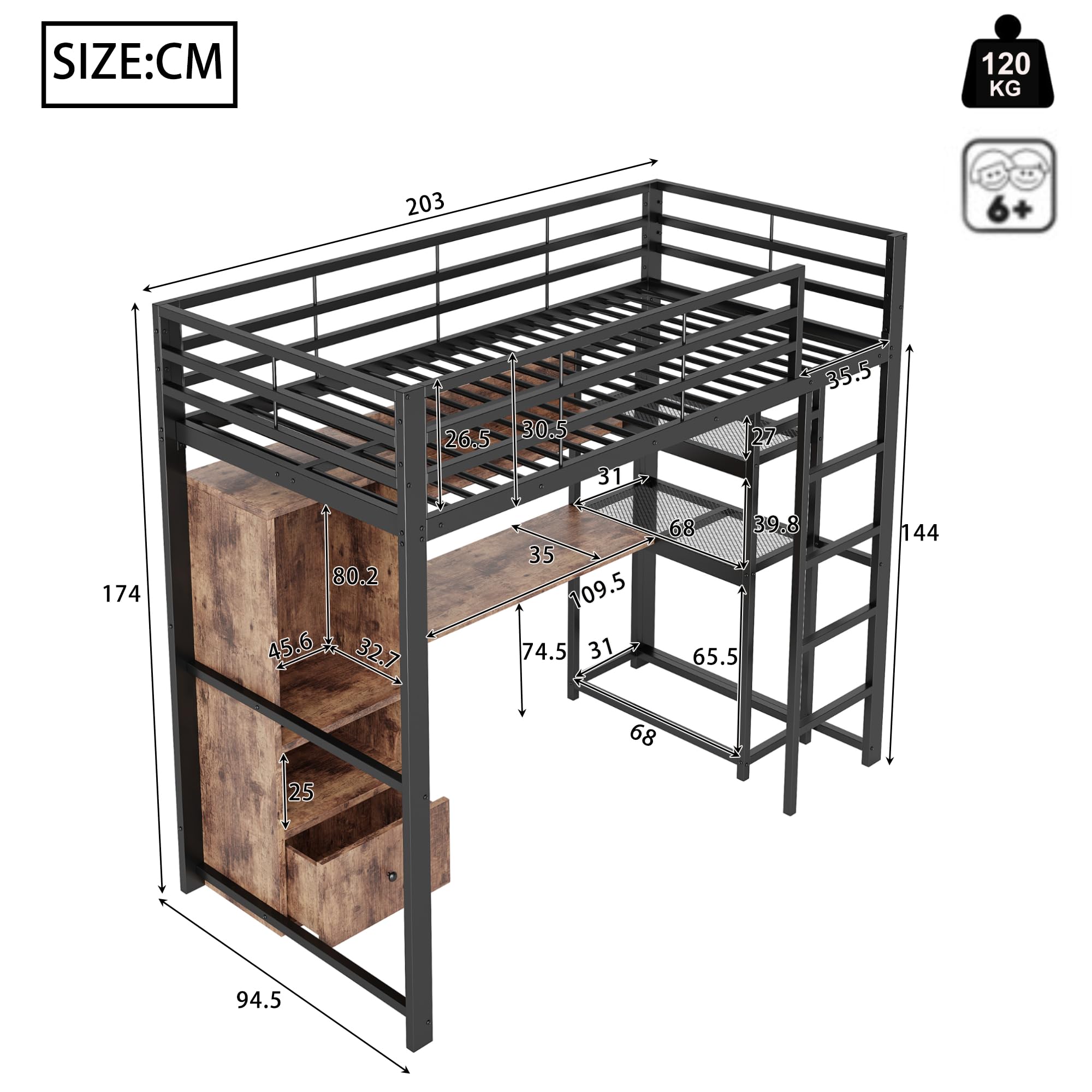Letto a soppalco 90 x 200 cm, letto per ragazzi in metallo con luci a LED e scrivania, con vano portaoggetti e scaffale, con protezione anti-caduta e scala, senza materasso (nero, 90 x 200 cm)