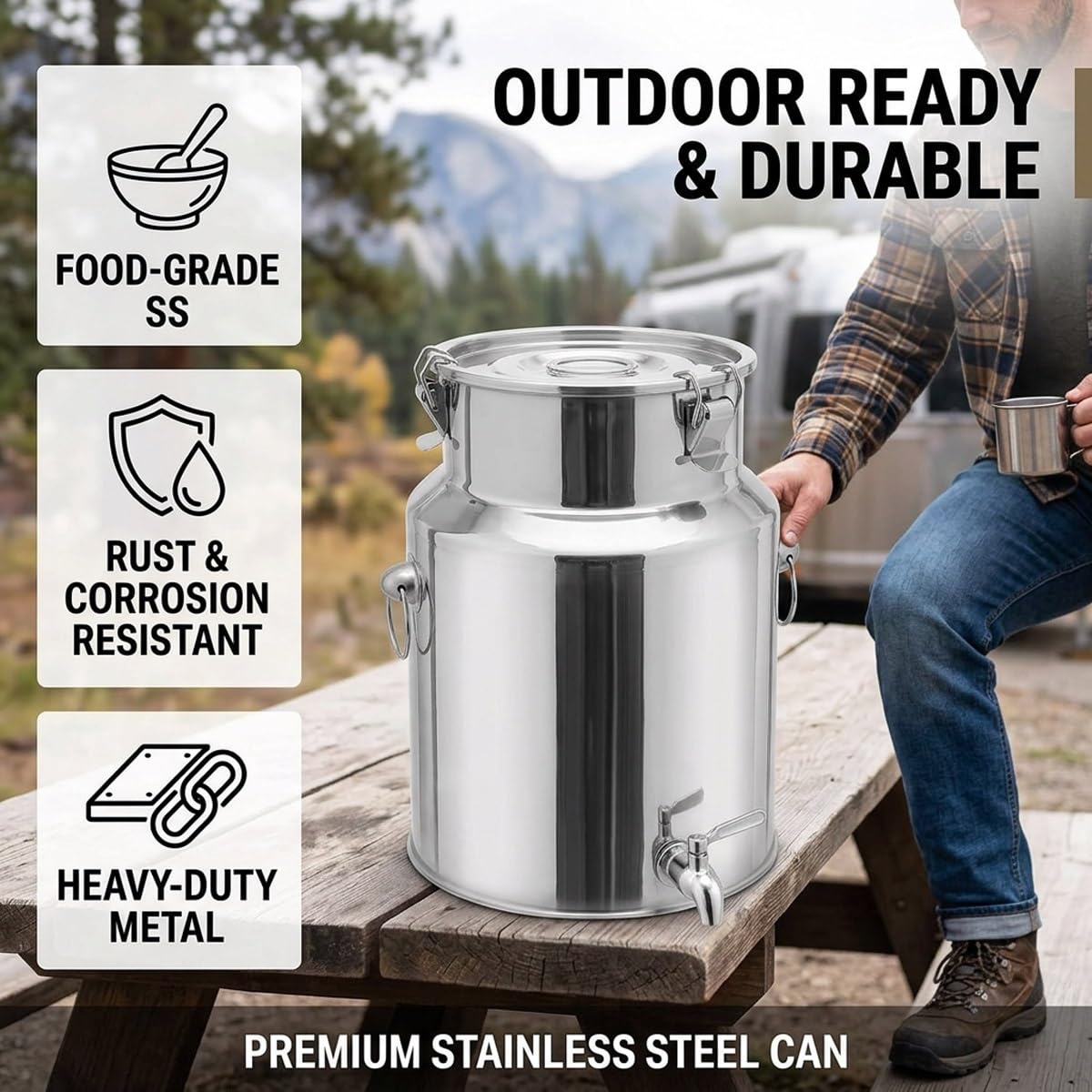 5l -88l Jarra de Leche Inoxidable Hermético, Lechera con Tapa y Anillo de Sellado, Bidón de Transporte de Fácil Limpieza, Cubo acero inoxidable Multiuso(No Spigot,18L/4.76Gal)