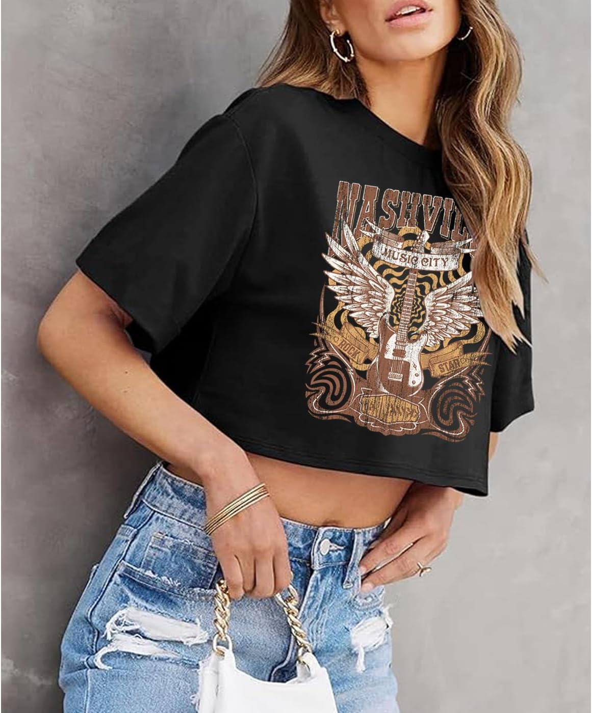 Nashville Music City T-Shirt Women Country Music Crop Tops Rock Band Tshirt Vintage Guitar Wings Graphic Tees - Image 3