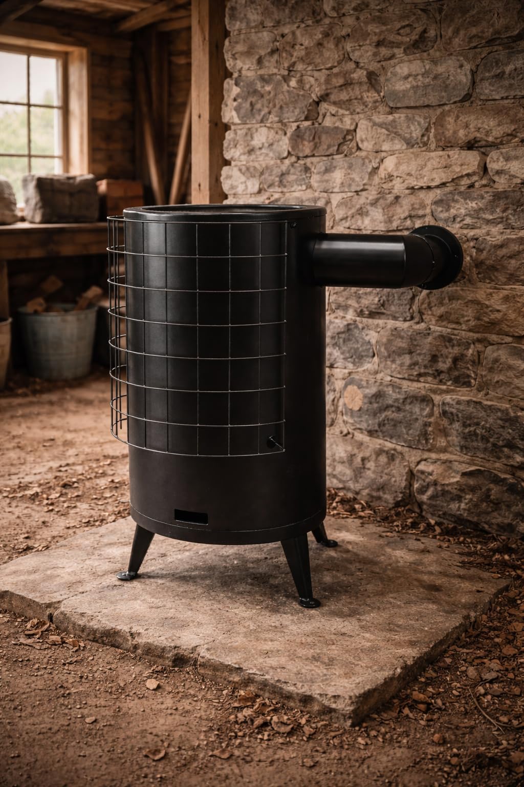 FERRETERIA LEPANTO Estufa de leña redonda Grande chapa Negra para leña potencia 6,7kw