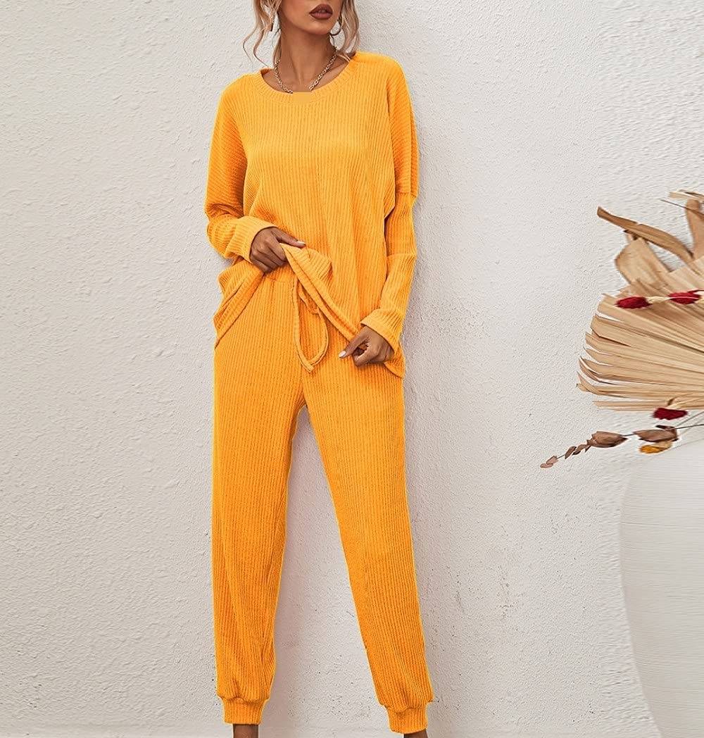 Damen Zweiteiliger Schlafanzuglangarm Pyjama Set Für Damen Damen Herbst Winter Gelb Gestreifter Jacquard Pyjama Set Damen Loungewear Sets Damen