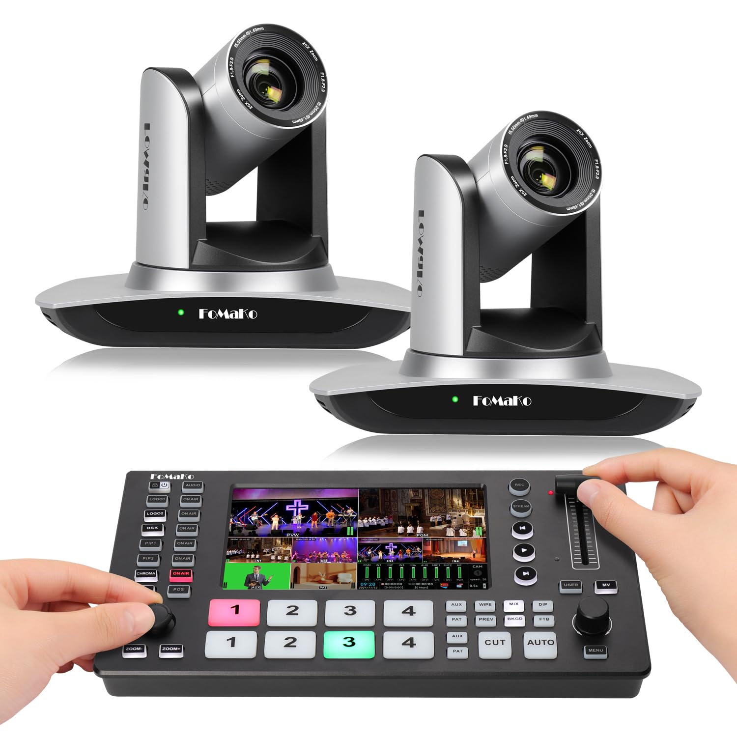 FoMaKo 20x Optical Zoom AI Auto Tracking HDMI PTZ Camera(2pcs), M3 Video Mixer Switcher, for Church Services Worship Education,PTZ Bundle(FMK12UH X2+M3)