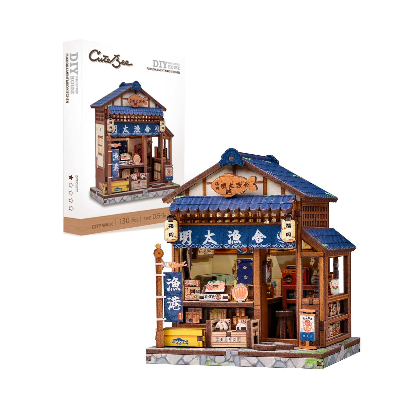 CUTEBEE 3D Wooden Puzzle for Adults, Beginner Friendly Miniature Model Kit, Japanese Seafood Shop DIY Craft & Shelf Decor Gift (Fukuoka Mentaiko Kitchen)