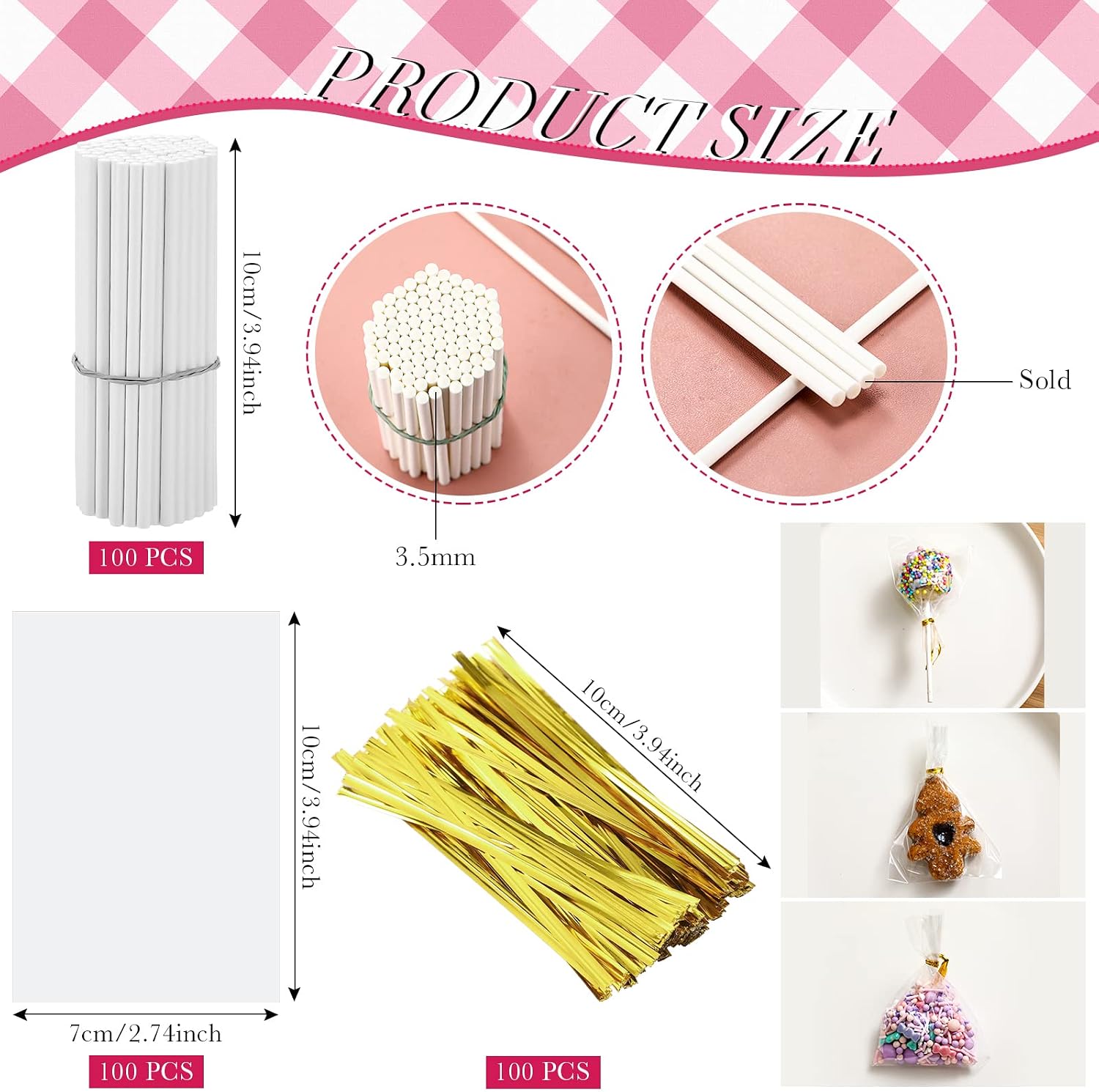 Yinkin Cake Pop Supplies and Decoration for Making Lollipops Including Acrylic Lollipop Pop Stand Holder Meat Baller 100 Pcs Sticks 100 Pcs Clear Treats Bag 100 Pcs Gold Metallic Twist Ties