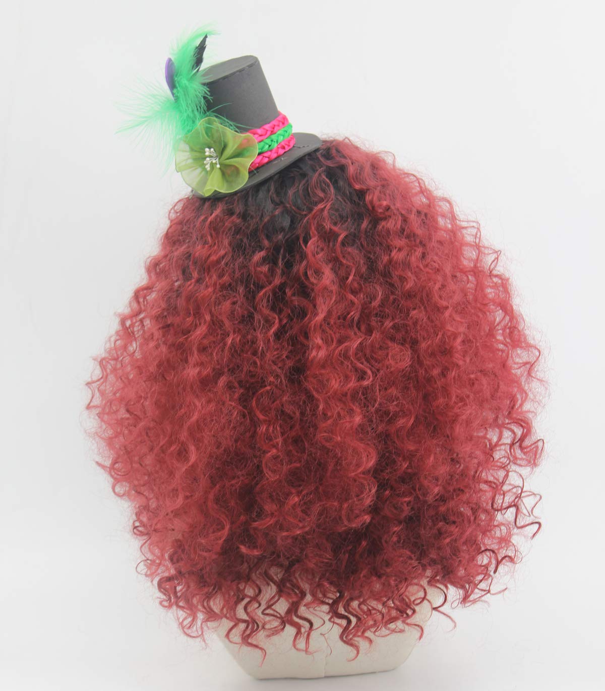 Women's Long Red ombre black Curly Wig with Hat Accessories Halloween Costume Wig