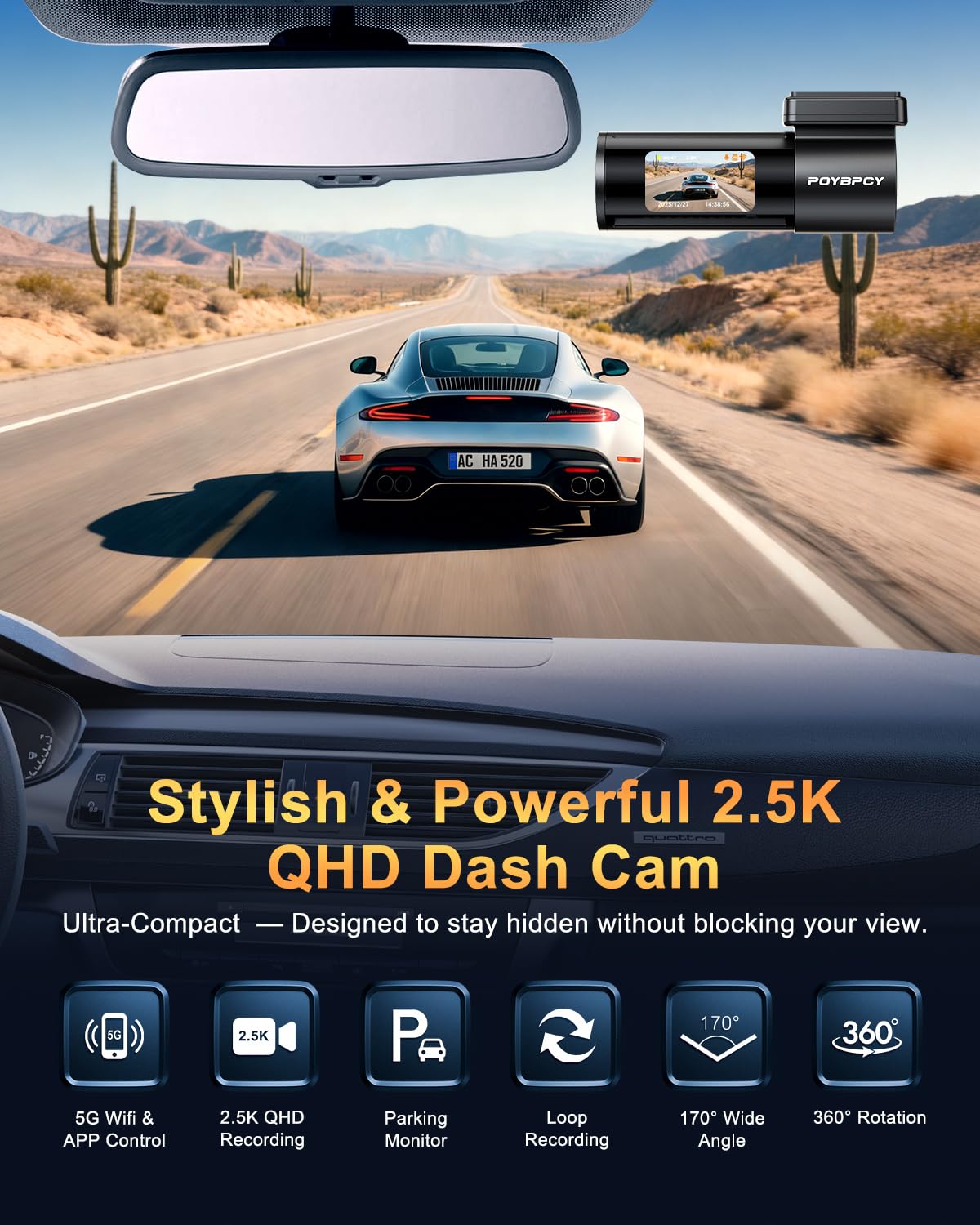 Dash Cam Auto 2.5K WiFi 5G con APP, Mini Dashcam Auto 170° Grandangolo, Telecamera per Auto 360 Gradi Rotabile, Visione Notturna WDR F1.8, G-Sensor, Loop Recording, Parking Monitor e Time-Lapse