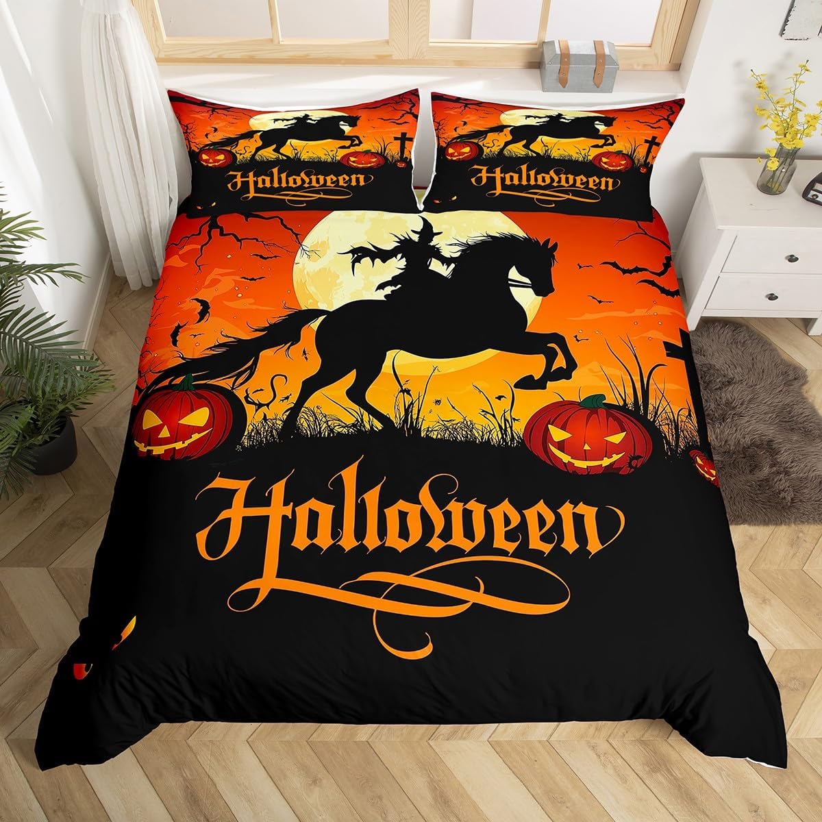 Erosebridal Halloween Themed Bed Sets Queen Kawaii Pumpkin Bats Duvet Cover Full Moon Print Bedding Set Magic Horse Comforter Cover Creepy Graveyard Quilt Cover 3pcs with 2 Pillow Sham
