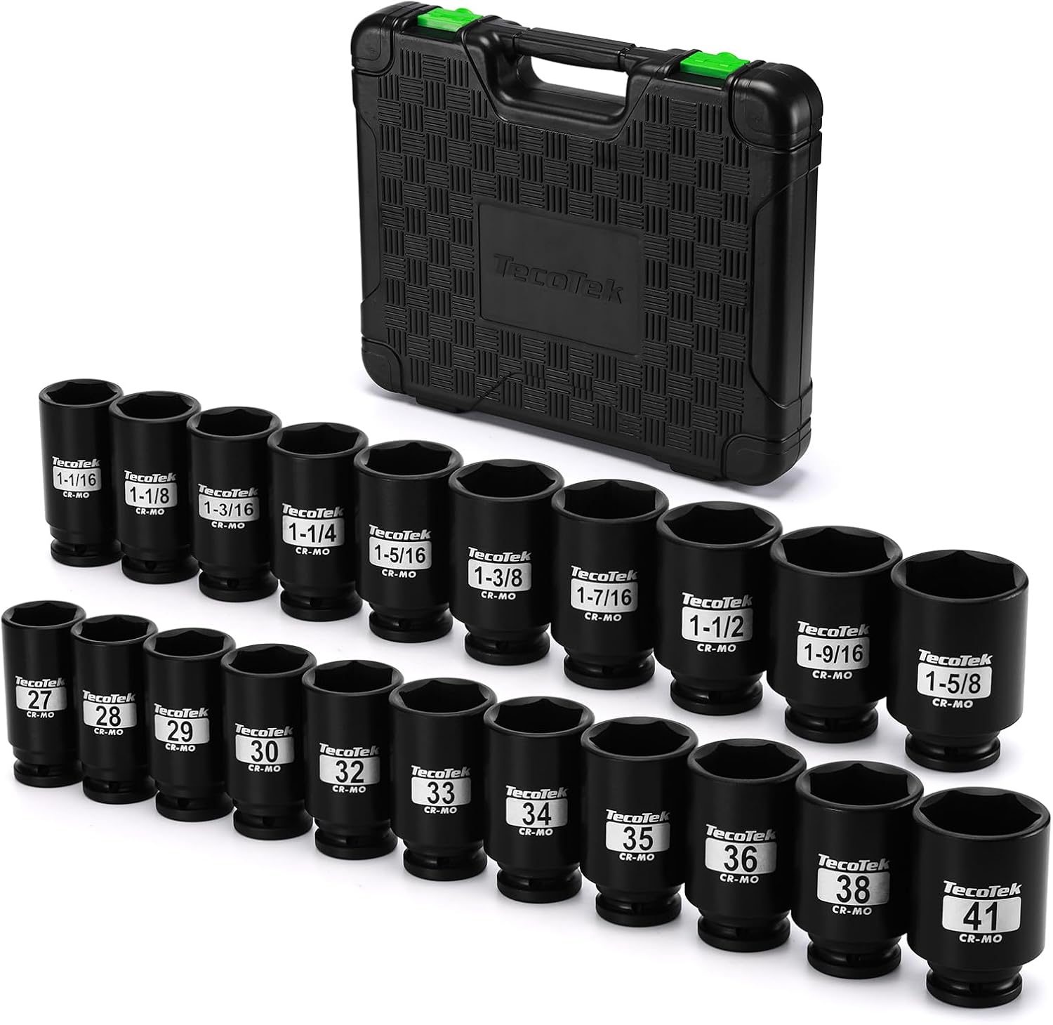TecoTek 1/2" Drive Deep 6-Point Impact Socket Set, 21-Piece Spindle Axle Nut Impact Socket Set, CR-MO, SAE (1-1/16-Inch to 1-5/8-Inch) and Metric (27mm to 41mm)
