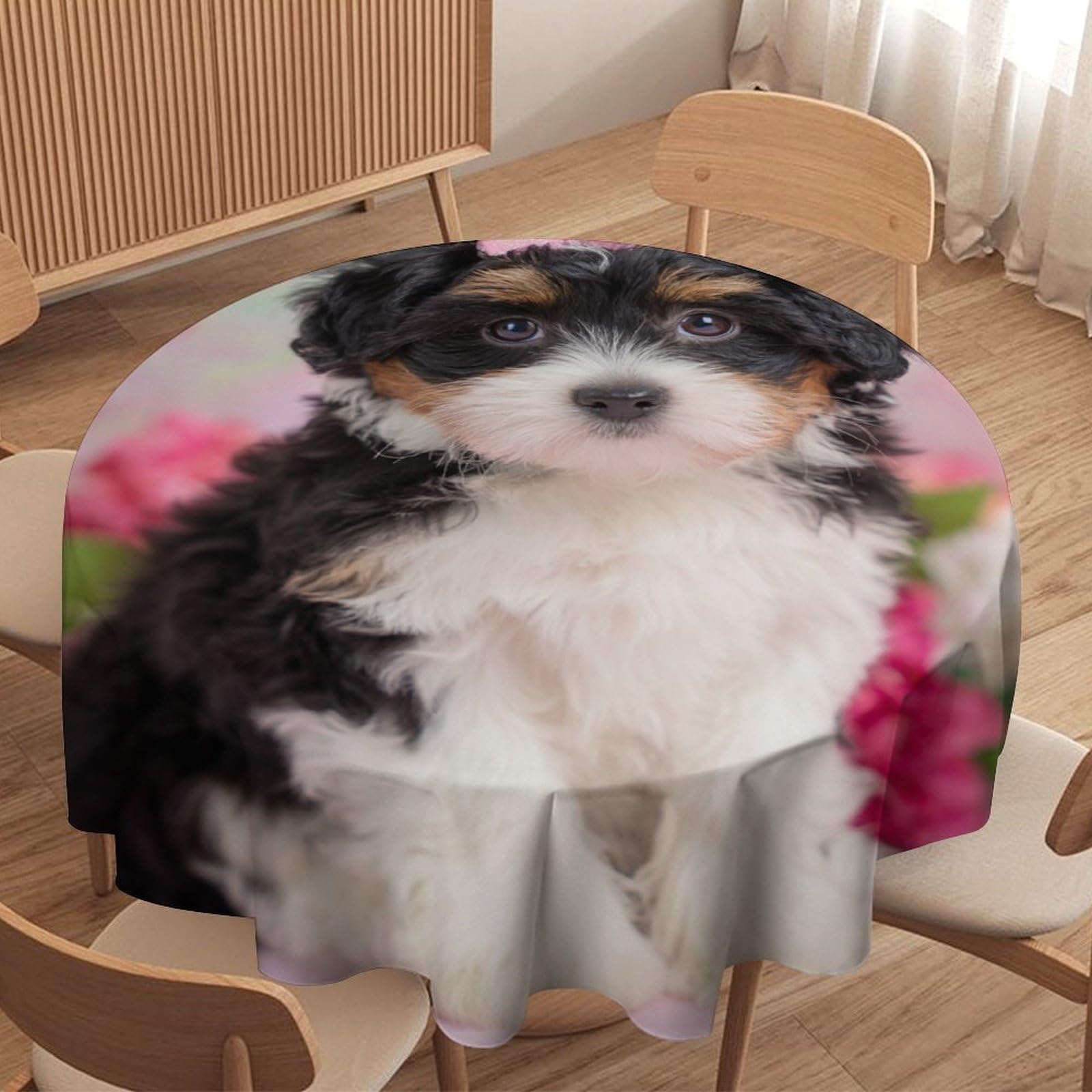 LUYYSKY Classic Cute Dogs Puppies Waterproof Round Tablecloth Colorful Watercolor Plant Flowers Animals Dogs Pattern Washable Table Cover for Kitchen-127 Wx127 L cm
