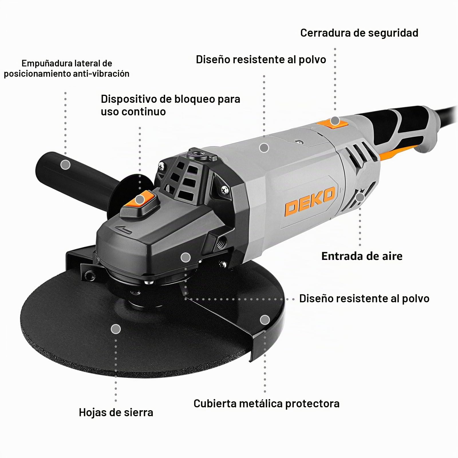 DEKOPRO 2200W Amoladora Angular Eléctrica con Cable, 230mm, Velocidad 6500 RPM, para Pulir y Amolar, Mangos Largos