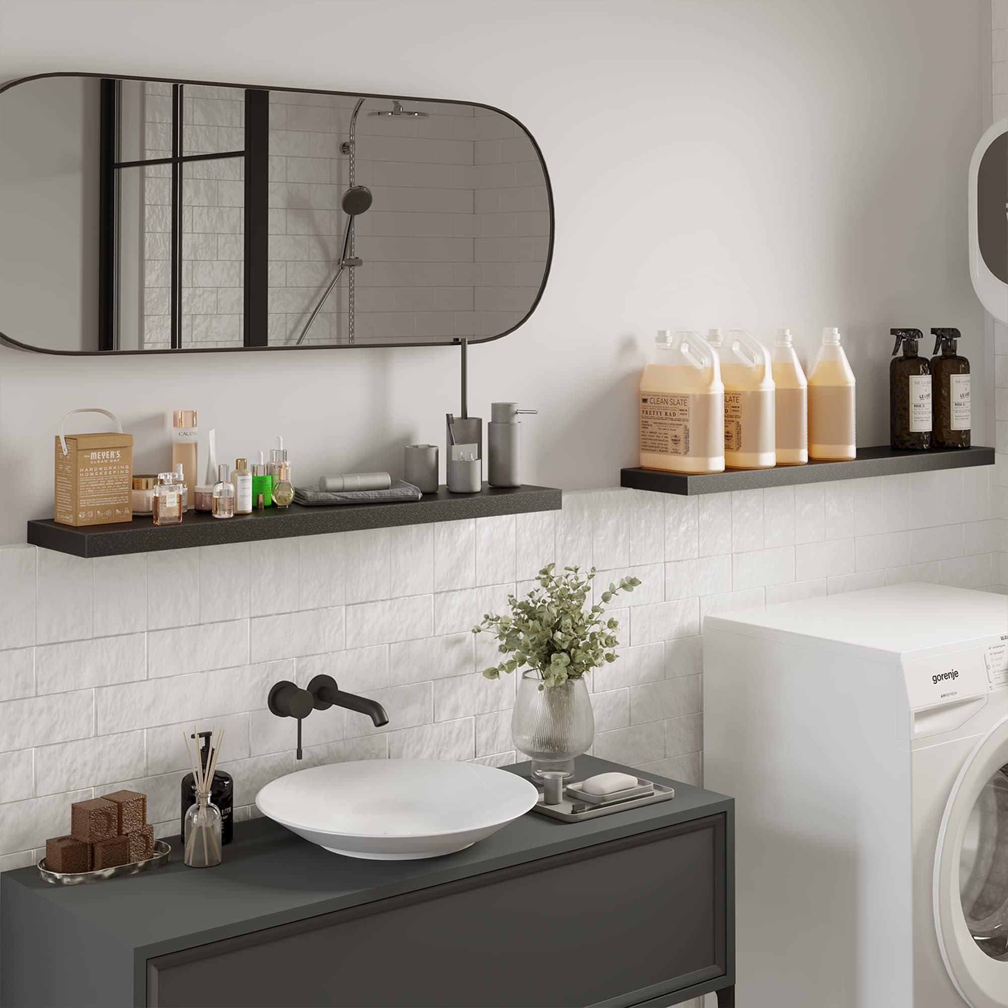 BAMEOS Estantes flotantes negros, 100 cm, de madera montados en la pared, con pinzas invisibles, juego de 2, decoración de pared para dormitorio, baño, salón y cocina