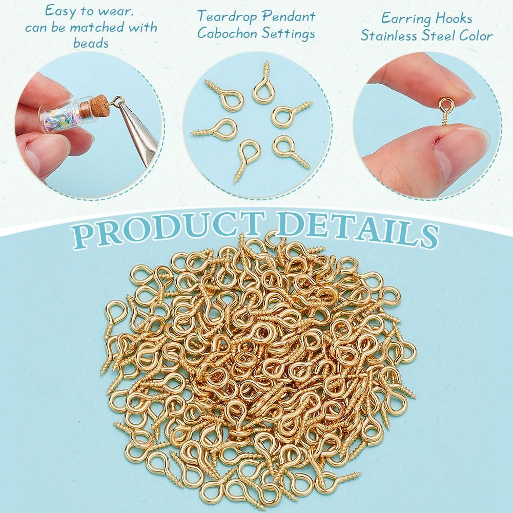 400Pcs Screw Eye Pin Gold Stainless Steel Pin Peg Bail Bulk 8×4mm Eye Hook Screw for Half Drilled Beads Charms Pendant Connector Necklace Earring Jewelry Making Repairing Accessory