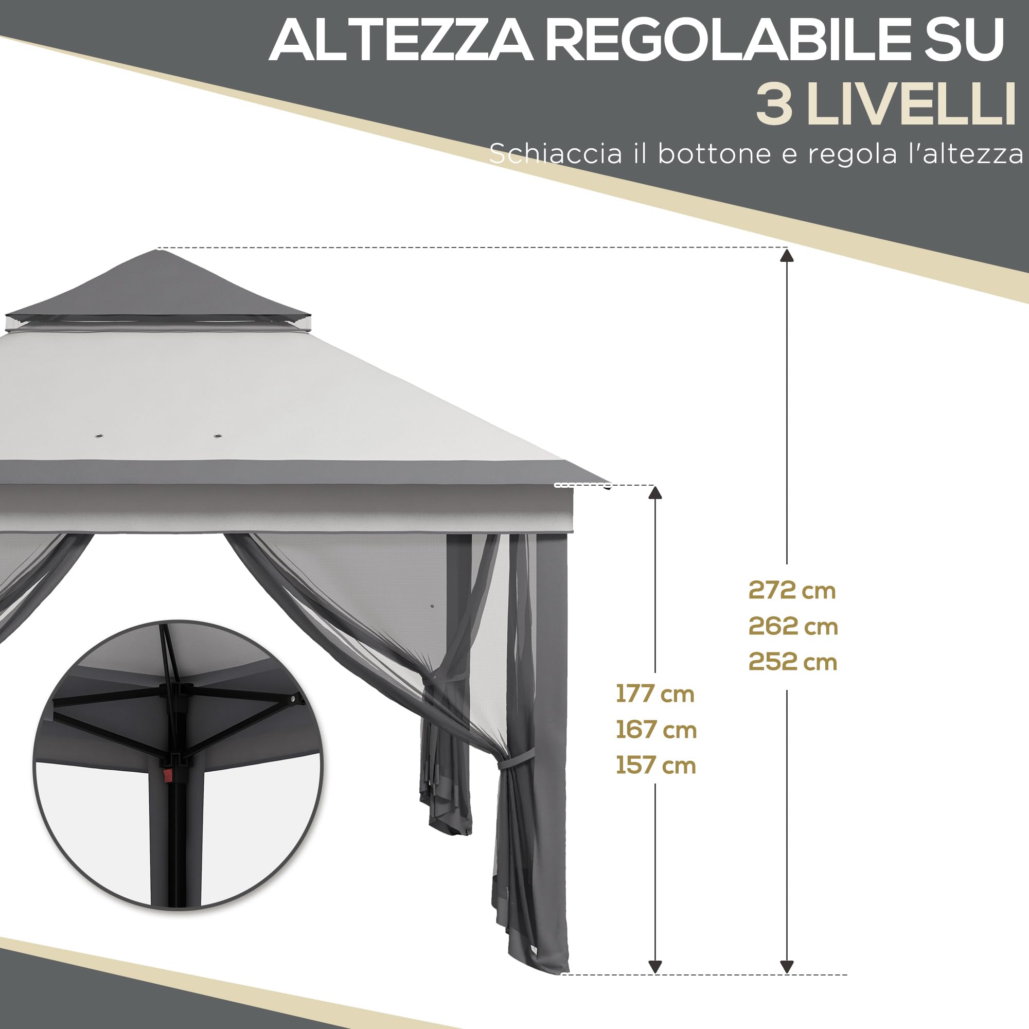 Outsunny Gazebo Pieghevole Pop Up con Zanzariere Rimovibili, Altezza Regolabile e Borsa da Trasporto, Gazebo da Esterno in Acciaio e Tessuto Oxford, UV 30+, per Giardino, Feste, Campeggio, Grigio