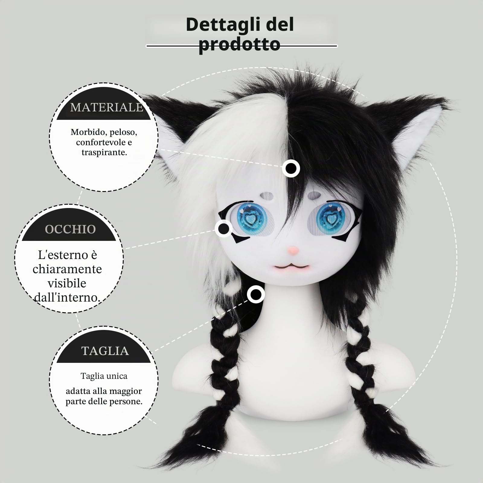 Therian - Maschera pelosa a forma di testa di gatto, per Halloween, feste in maschera, cosplay