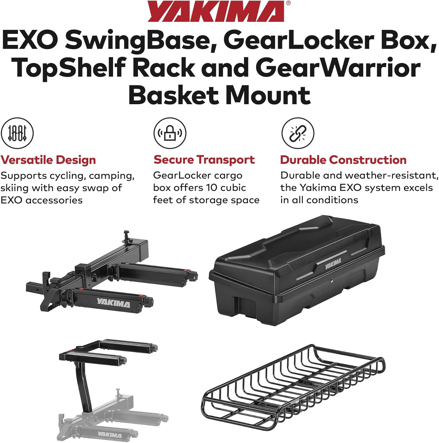 Yakima EXO SwingBase Hitch Rack Bundled with EXO GearLocker Rooftop Box, EXO TopShelf Hitch Base Rack Storage, and EXO GearWarrior Basket Mount, Black