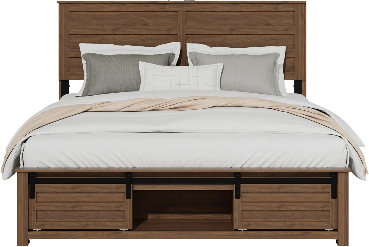 Wooden Queen Size Bed Frame with Headboard, Brown Farmhouse Storage Bedframe with Sliding Barn Door Footboard and Charging Station, Wood Slats, No Box Spring Needed (Dark Brown