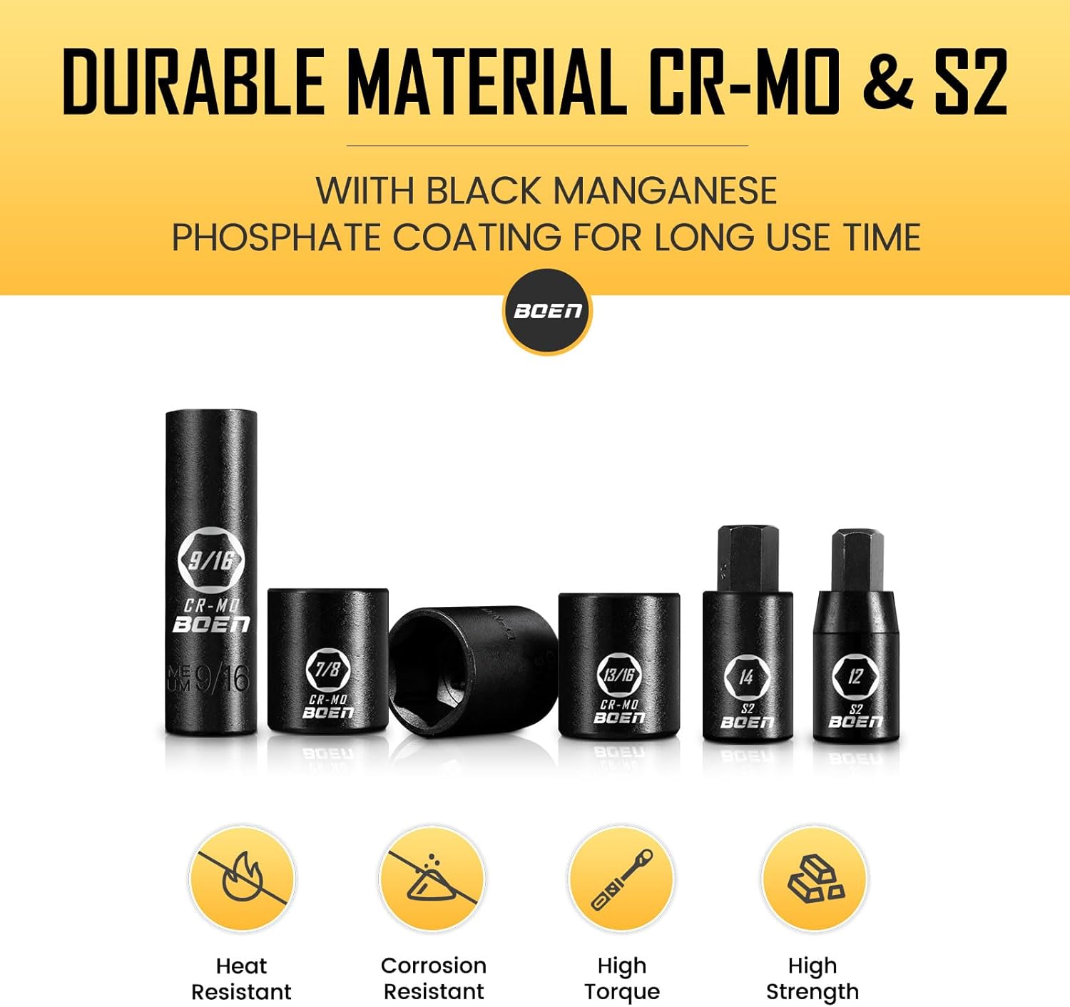 boen 119 Piece Impact Socket Set, 1/2" & 3/8" Drive Socket Set Deep/Shallow SAE/Metric, Cr-MO & S2, 6 Point, Impact Bit, Allen Sockets Included
