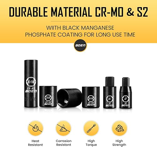 Miniatura 6 de BOEN Juego de 122 piezas, incluye unidad de 12 pulgada y juego de llaves de vaso de 38 pulgadas SAEmétricas profundaspoco profundas, 14 pulgadas, 38