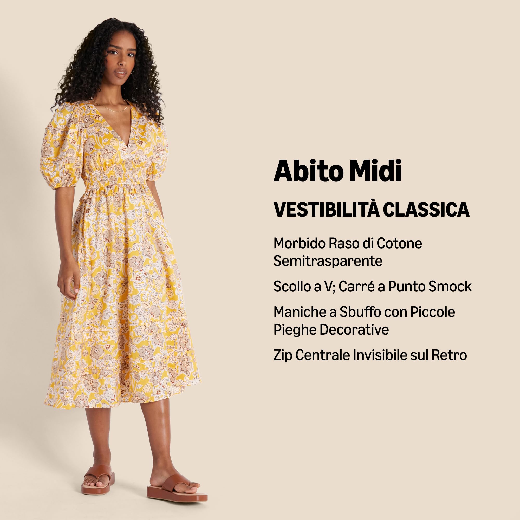 Amazon Essentials Donna Abito Midi in Raso di Cotone con Busto Aderente e Gonna Svasata, Maniche a Sbuffo e Scollo a V