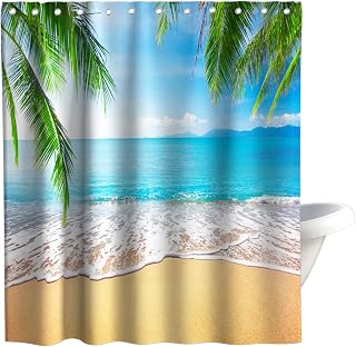 Tropical Beach Palm Shower Curtain Modern Art Theme Fabric Bathroom & Toilet Decorative Sets with Hooks Waterproof Washable 72W x 72H inches Long