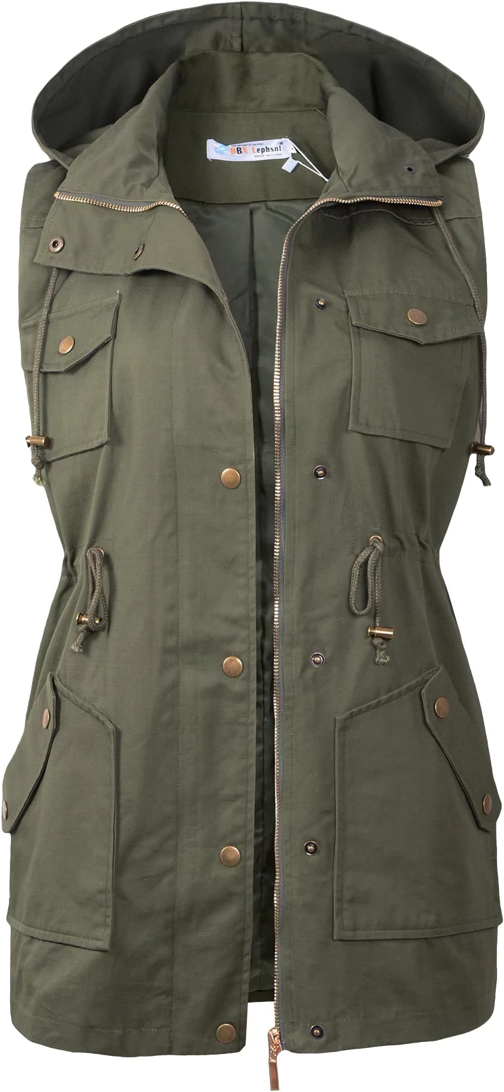 Womens Utility Vest Drawstring Waist Military Sleeveless Jacket