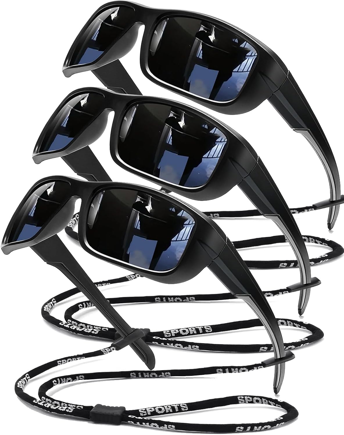 SQOQS 3Pack Polarized Sports Sunglasses for Men, Wrap Around Frame UV400 Goggles Sun Glasses for Cycling Fishing Driving