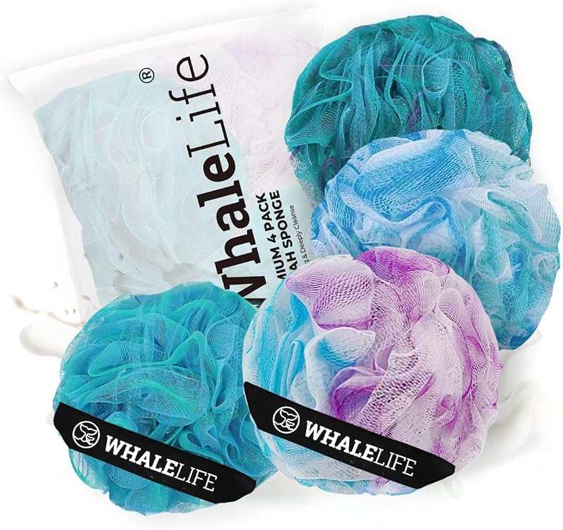 WhaleLife Bucha de Banho em Tela Redonda Azul, Pacote com 4