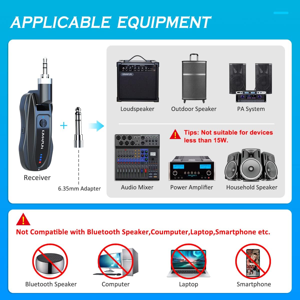 Système de microphone cravate sans fil KIMAFUN KM-G70 : exemples d’équipements compatibles et incompatibles