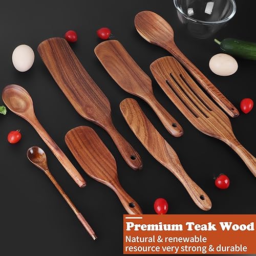 Miniatura 3 de Juego de utensilios de cocina de madera, 16 piezas de cocina de teca natural Spurtle, resistentes al calor, antiadherentes, con agujero para colgar,