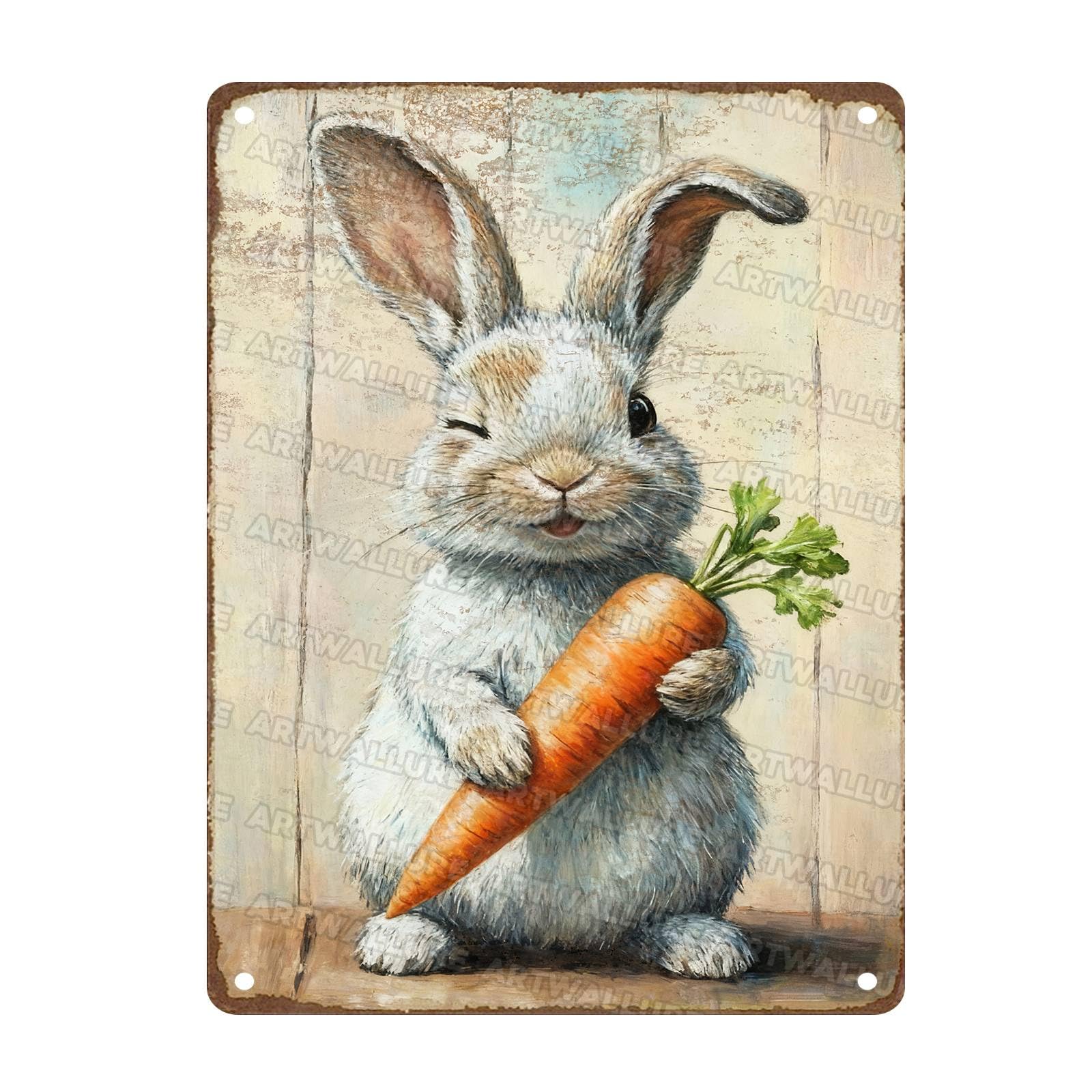 Charming Easter Bunny Metal Sign Vintage Bunny Carrots Rustic Farmhouse Wall Art For Spring Home Decor Living Room Bedroom Kitchen 12x16Inch