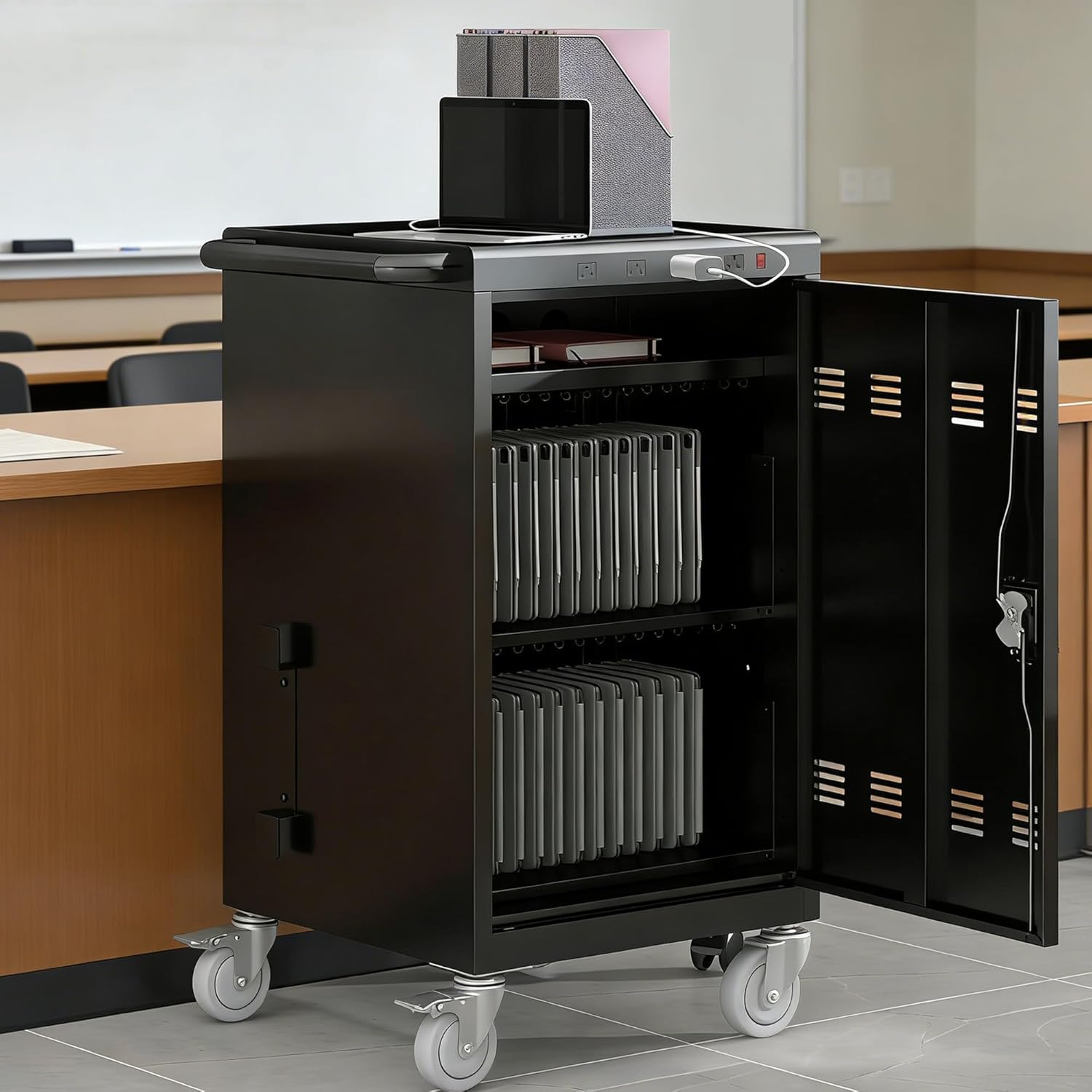 AQY Charging Cart 35 Device Lockable, Mobile Charging Station, No Assembly Required Secure Storage Locker for Chromebooks, Laptops, Classroom & Office