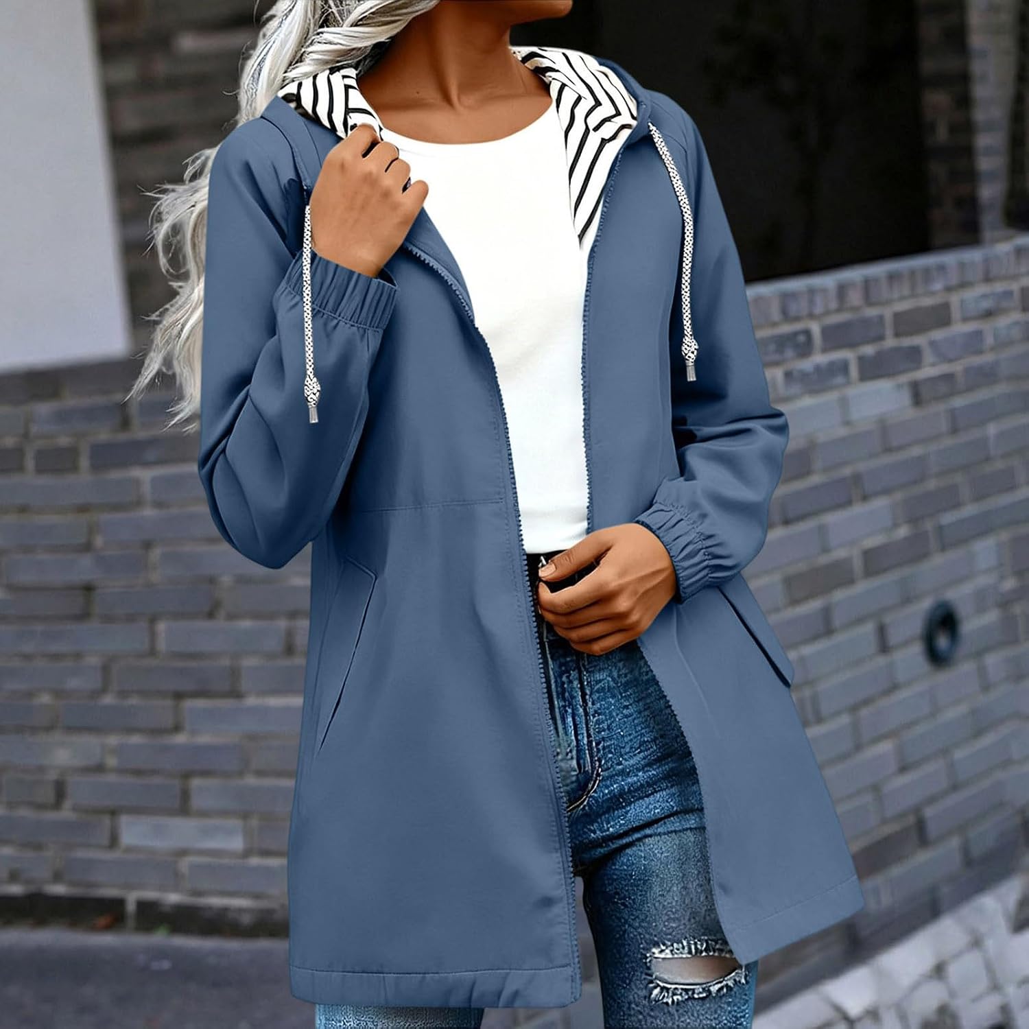 Womens Lightweight Rain Jackets Casual Waterproof Windbreaker | Minimalist Straight Silhouette, Contrast Striped Hood, Elasticized Wrists, Full Zip Front, Daily Outerwear