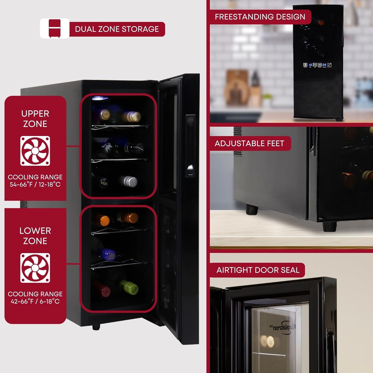 Koolatron 12 Bottle Wine Fridge – Wine Cooler with Glass Door, 1.2 Cu Ft (33 L) Beverage Can Refrigerator, Digital Temperature Control/Dual temperature zone, Ideal for White, Red & Sparkling Wine