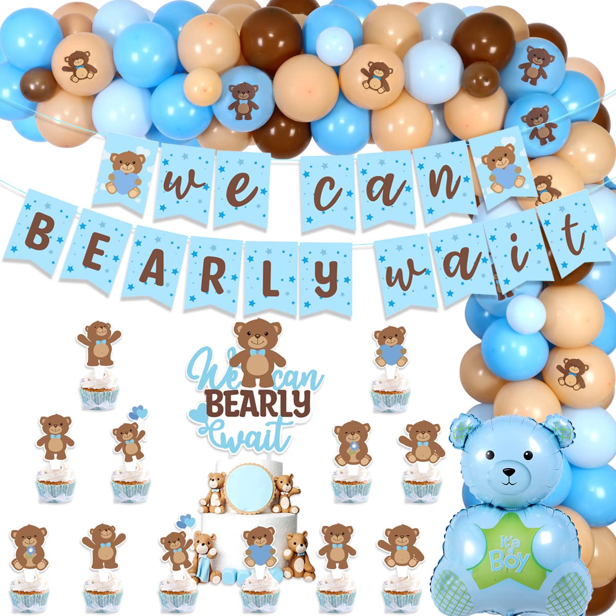 kreat4joy Bear Baby Shower Decorations for Boy, We Can Barely Wait Baby Shower Decorations banner Balloon Garland Cake Toppers Bear Foil Balloon for Boy Baby Shower party