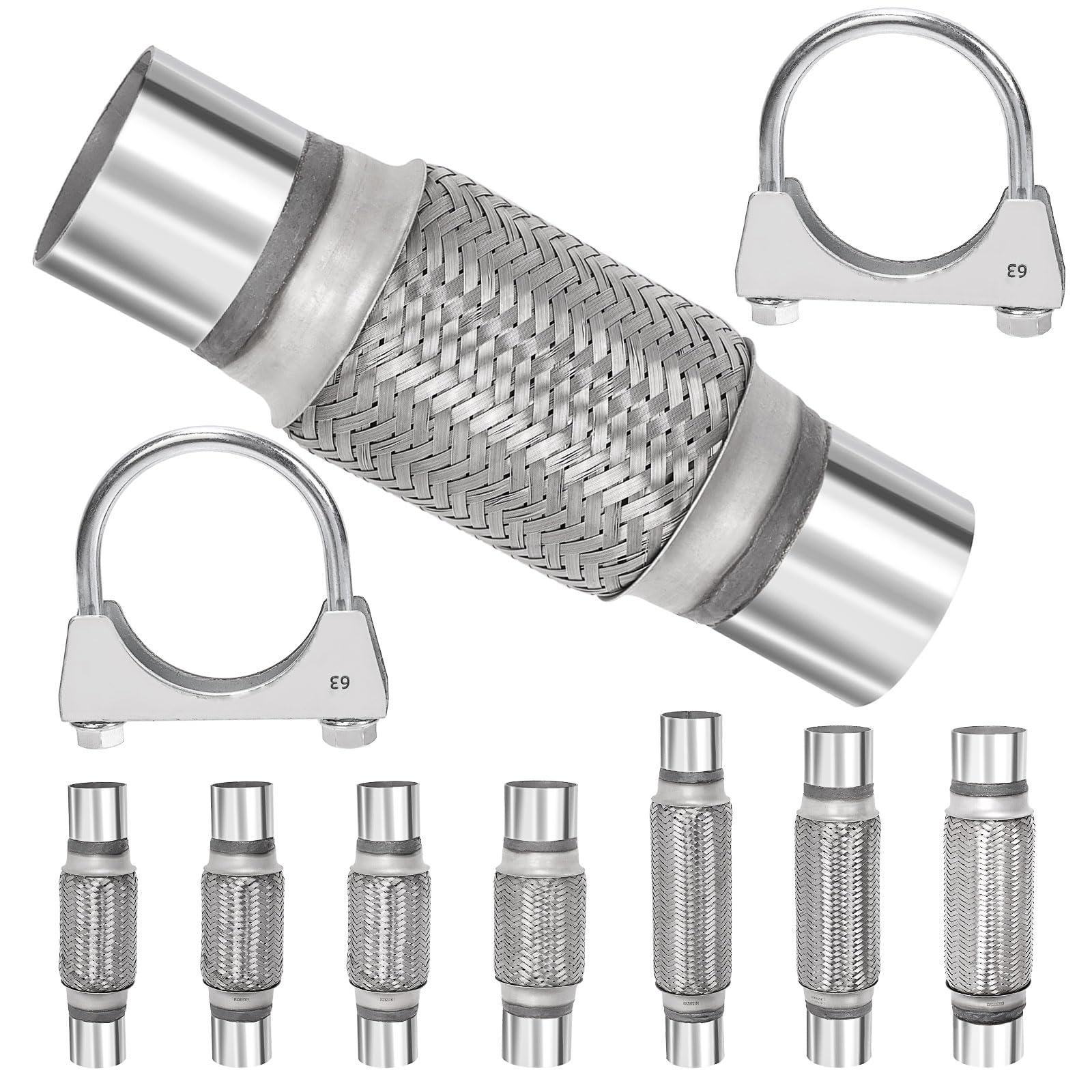 Swpeet 3 piezas tubo flexible de escape de 2,5 x 6 pulgadas con kit de abrazadera en U de escape de 2,5 pulgadas, tipo universal de acero inoxidable de doble trenza, tubo flexible de escape ideal para