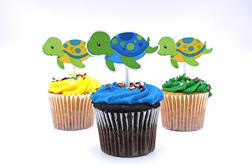 Vista 4 de Decoración para cupcakes de tortuga bebé, 12 piezas, palillos de tortuga marina, baby shower, suministros de decoración de fiesta de cumpleaños